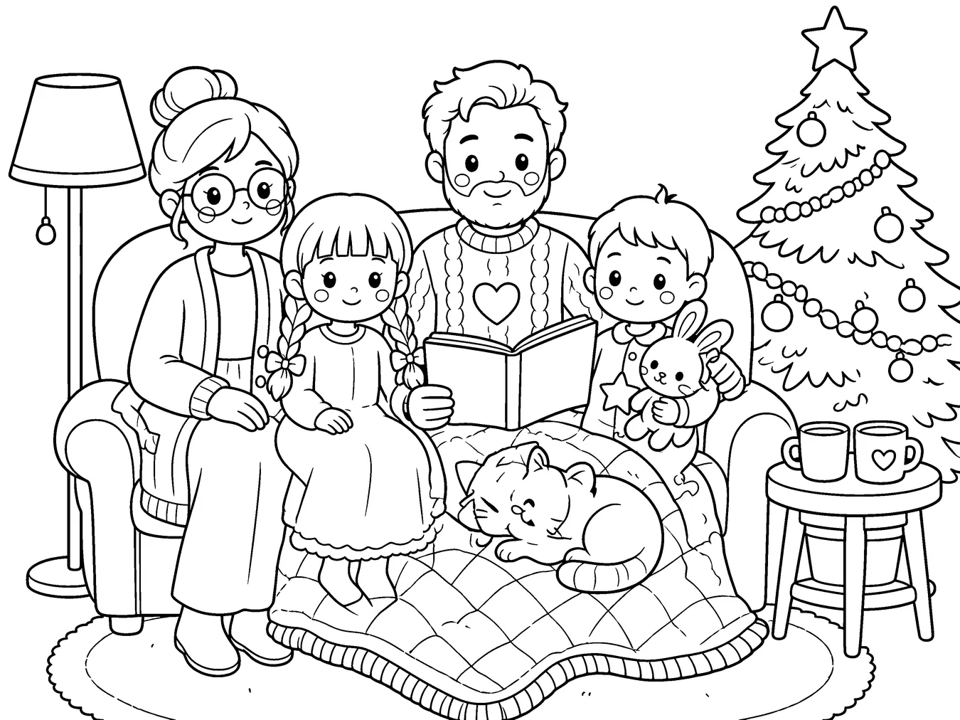 Coloring page of a family reading a Christmas story together on the sofa beside the tree