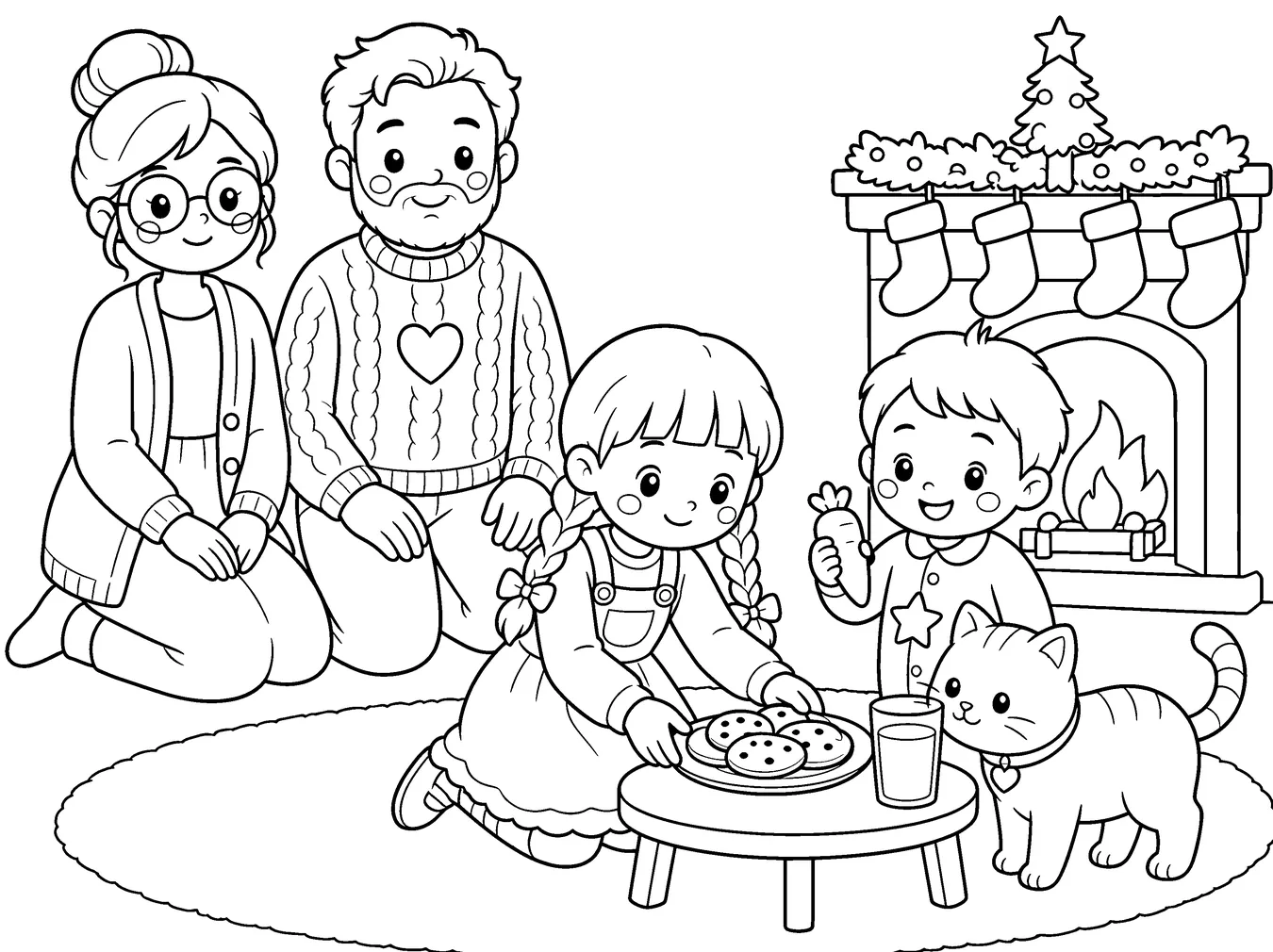 Coloring page of a family setting out cookies and milk for Santa by the fireplace