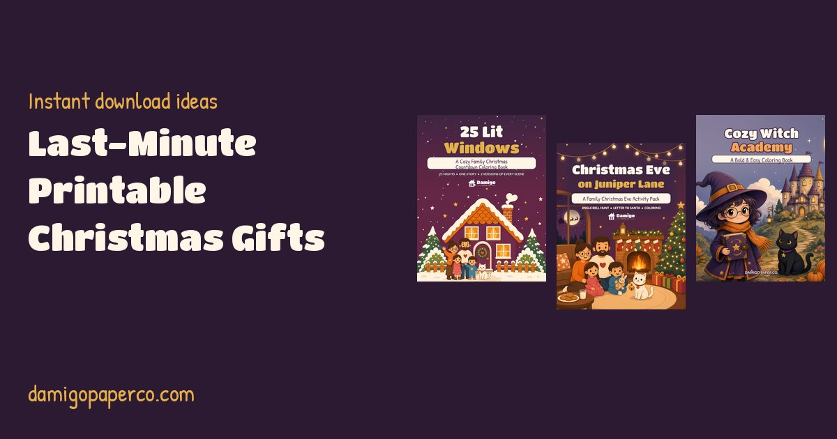 Three printable covers: 25 Lit Windows, Christmas Eve on Juniper Lane and Cozy Witch Academy