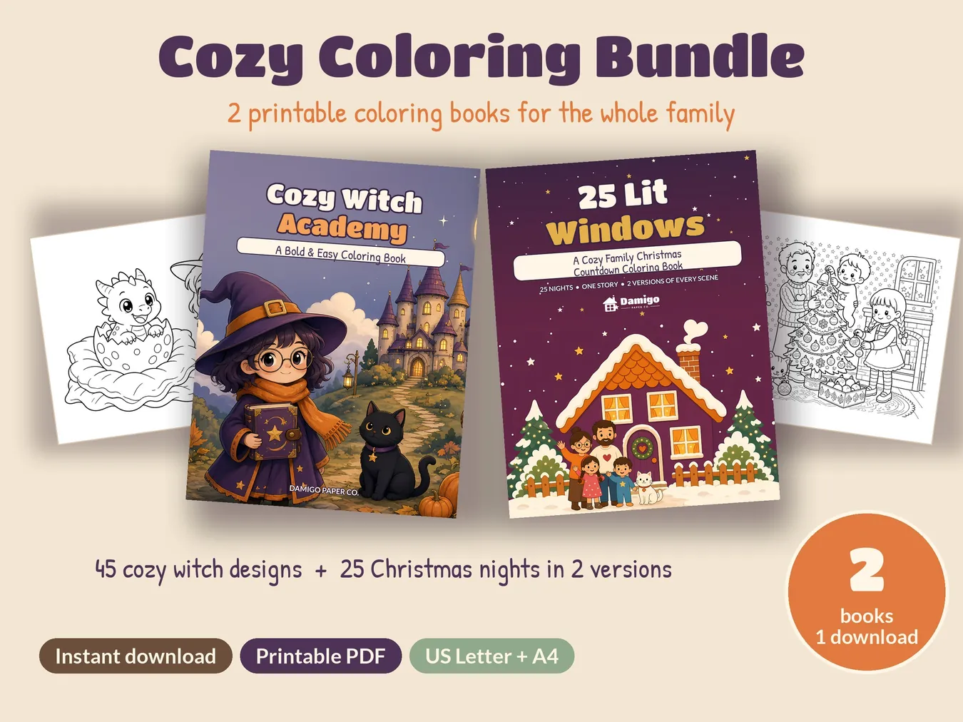 Cozy Coloring Bundle: the Cozy Witch Academy and 25 Lit Windows covers with sample coloring pages