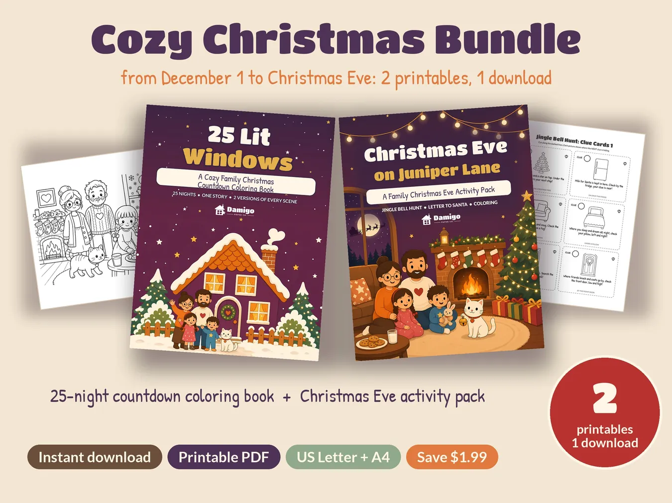 Cozy Christmas Bundle: the 25 Lit Windows and Christmas Eve on Juniper Lane covers with sample pages