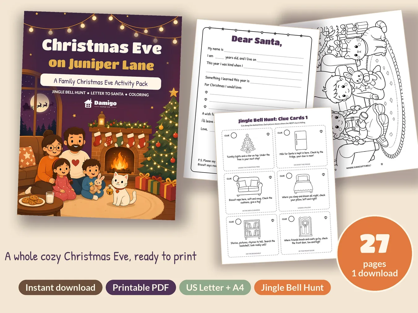 Christmas Eve on Juniper Lane cover with a letter to Santa, picture clue cards and a coloring page