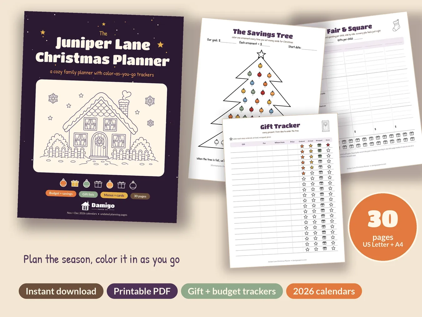 The Juniper Lane Christmas Planner cover with the Savings Tree, Gift Tracker and Fair & Square pages