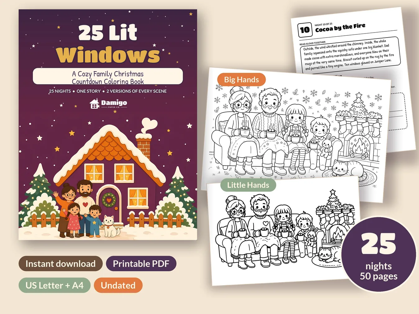 25 Lit Windows cover with the Night 10 story page and its Big Hands and Little Hands coloring pages