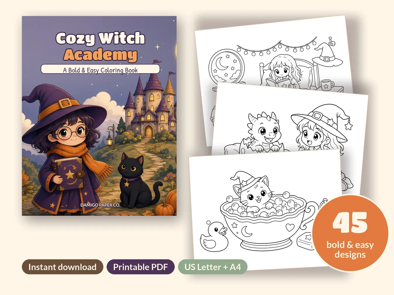Cozy Witch Academy cover with three sample coloring pages