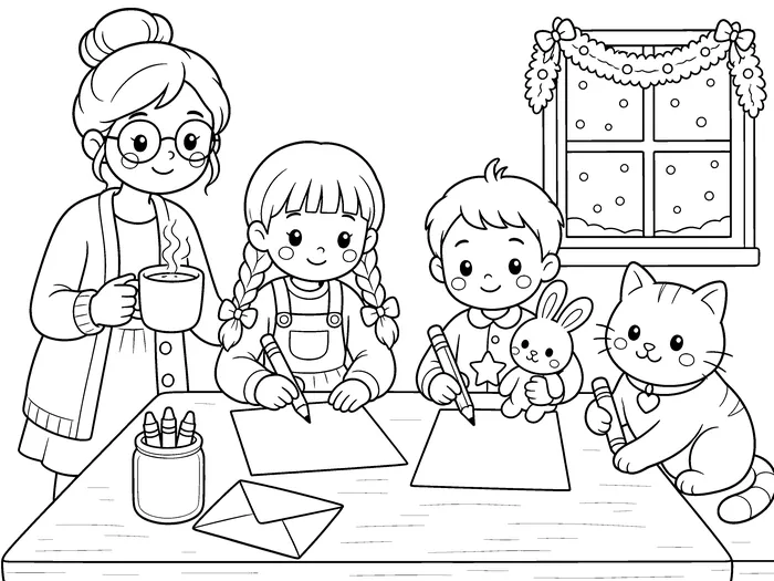 Christmas Eve coloring page of a family writing letters to Santa at the table with the cat nearby