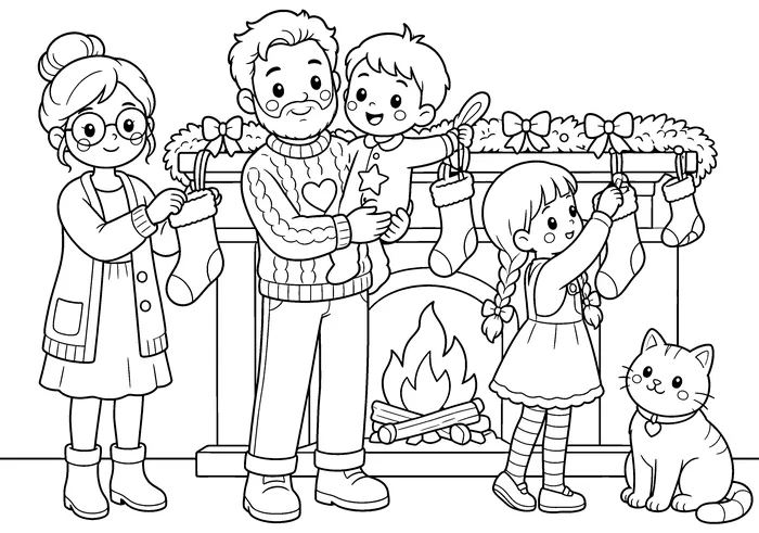 Christmas Eve coloring page of a family hanging stockings by the fireplace with the cat watching