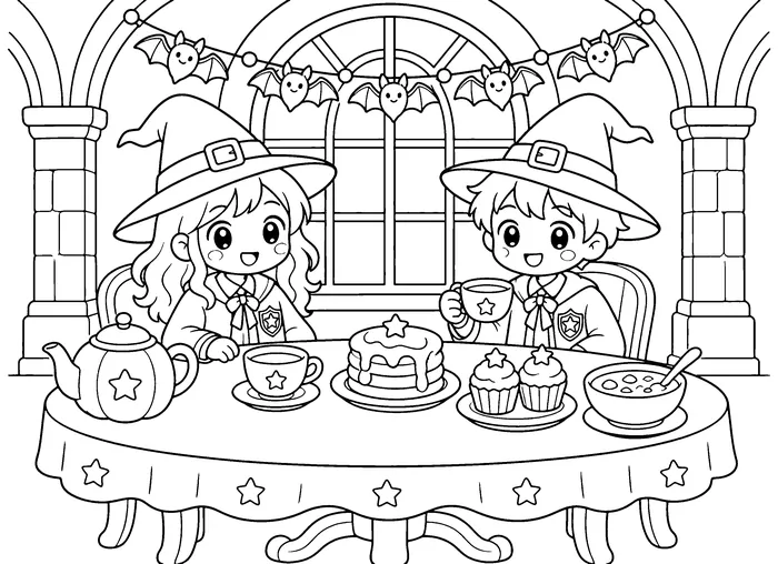 Coloring page of two young witches at a tea table with a pumpkin teapot, cupcakes and bunting