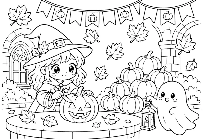 Fall coloring page of a witch carving a jack-o-lantern among pumpkins and autumn leaves with a friendly ghost