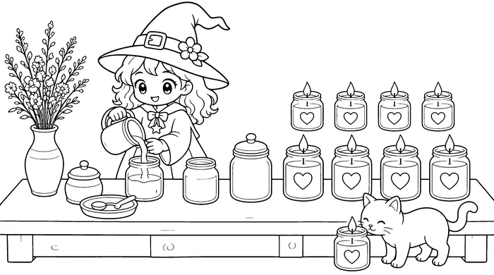 Coloring page of a witch pouring candles into jars with dried flowers and a curious cat