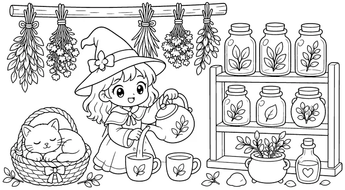 Coloring page of a witch pouring tea from a big kettle with dried herbs and a cat in a basket
