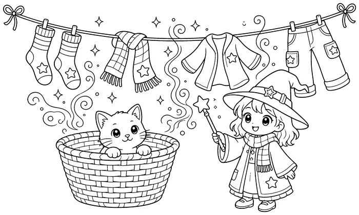 Coloring page of socks and scarves floating onto a clothesline while a cat peeks out of a laundry basket