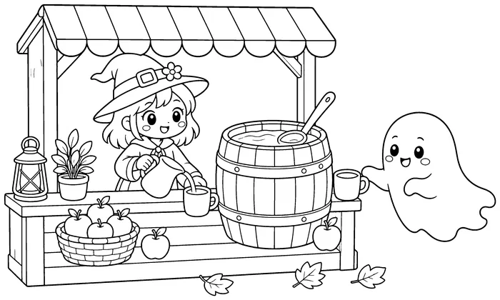 Fall coloring page of a witch serving apple cider to a smiling ghost at a little striped stand