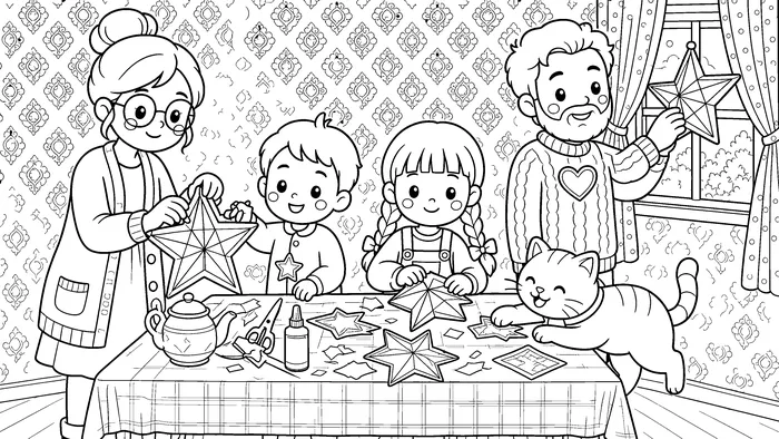 Christmas coloring page of a family folding paper stars at the kitchen table while Dad hangs one in the window