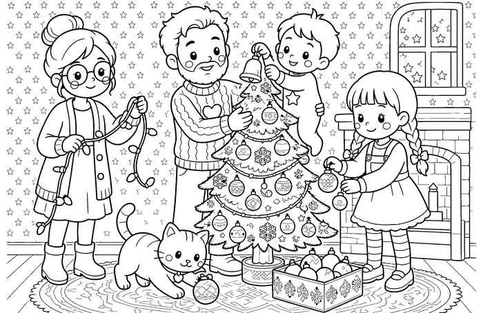 Christmas coloring page of a family trimming the tree while the cat bats an ornament