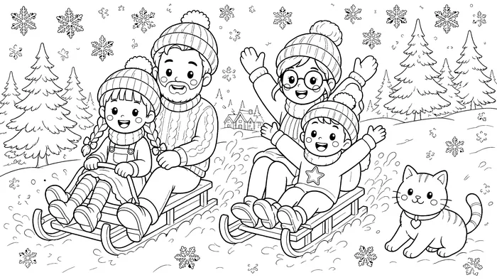 Winter coloring page of a family on two sleds racing down a snowy hill while the cat watches from a snowbank