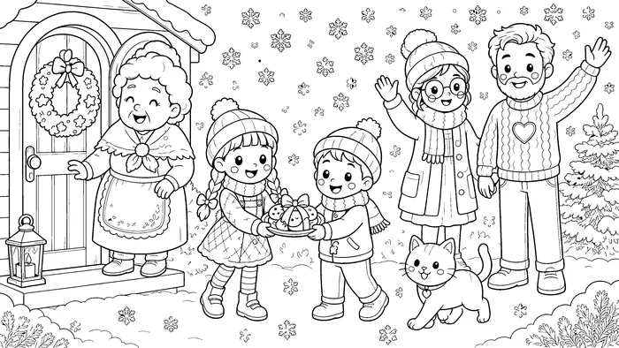 Christmas coloring page of two children handing a plate of cookies to a neighbor at her snowy front door