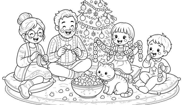 Christmas coloring page of a family on the living room floor stringing popcorn garlands for the tree