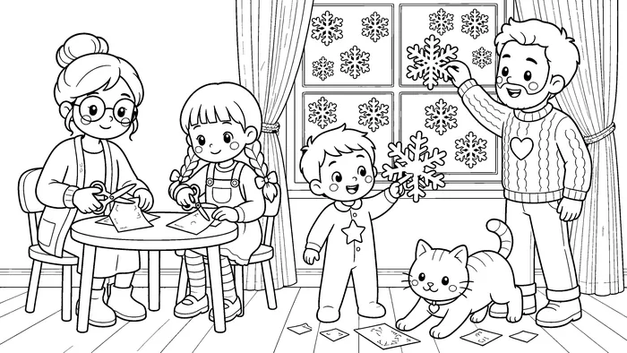 Winter coloring page of a family cutting paper snowflakes and taping them to the window