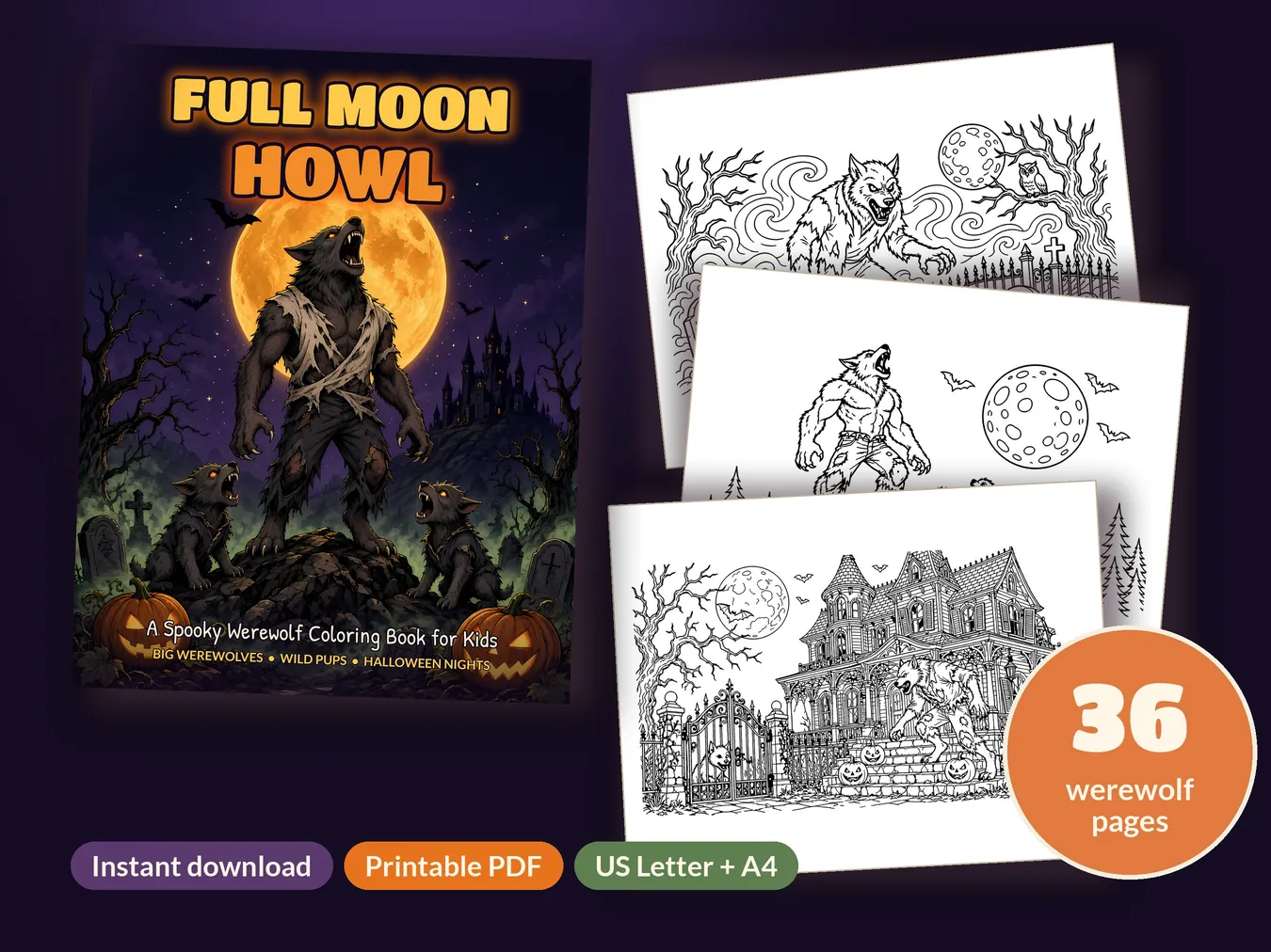 Full Moon Howl cover with three sample werewolf coloring pages and a 36 pages badge
