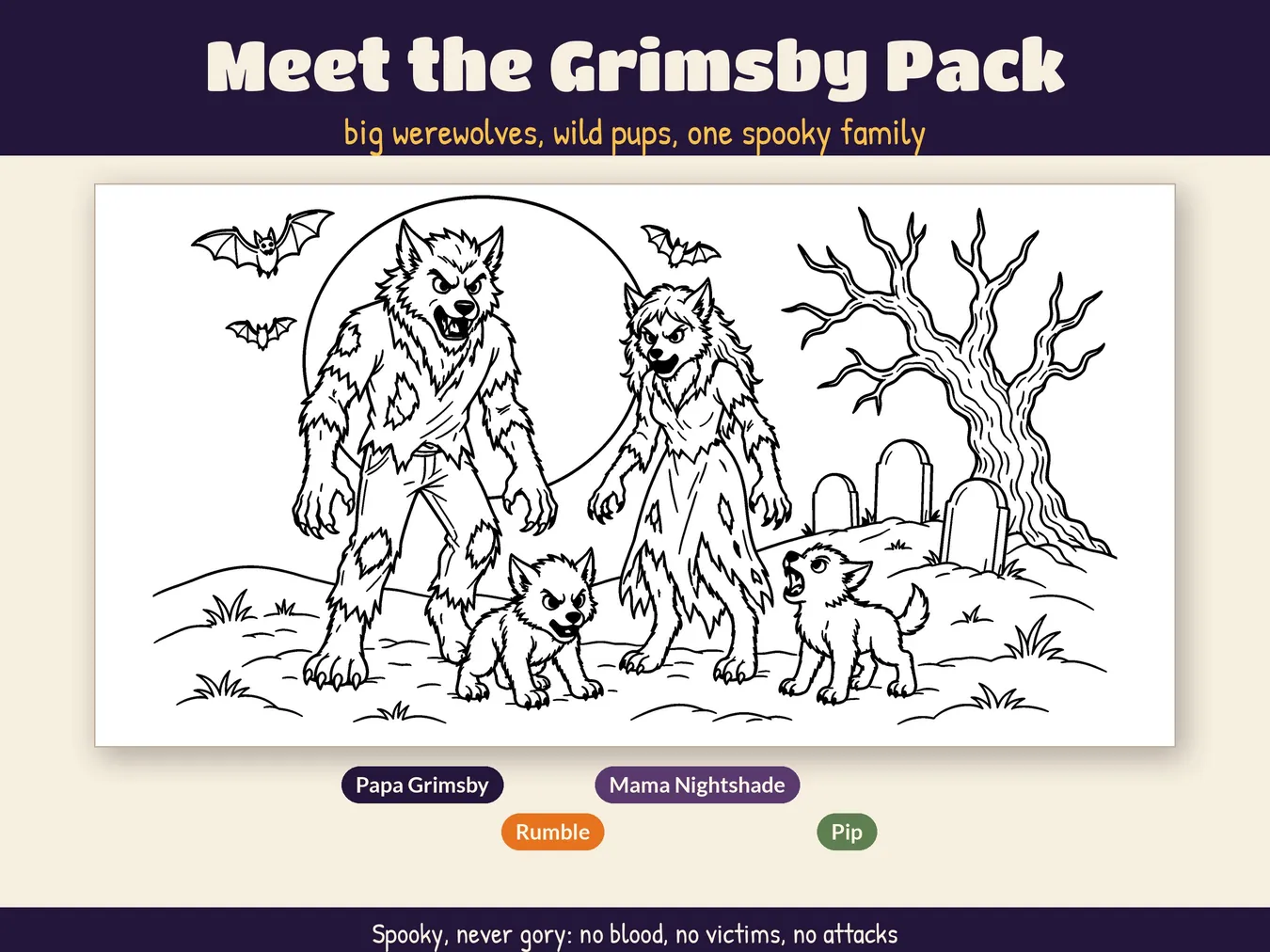Meet the Grimsby Pack: Papa Grimsby, Rumble, Mama Nightshade and Pip