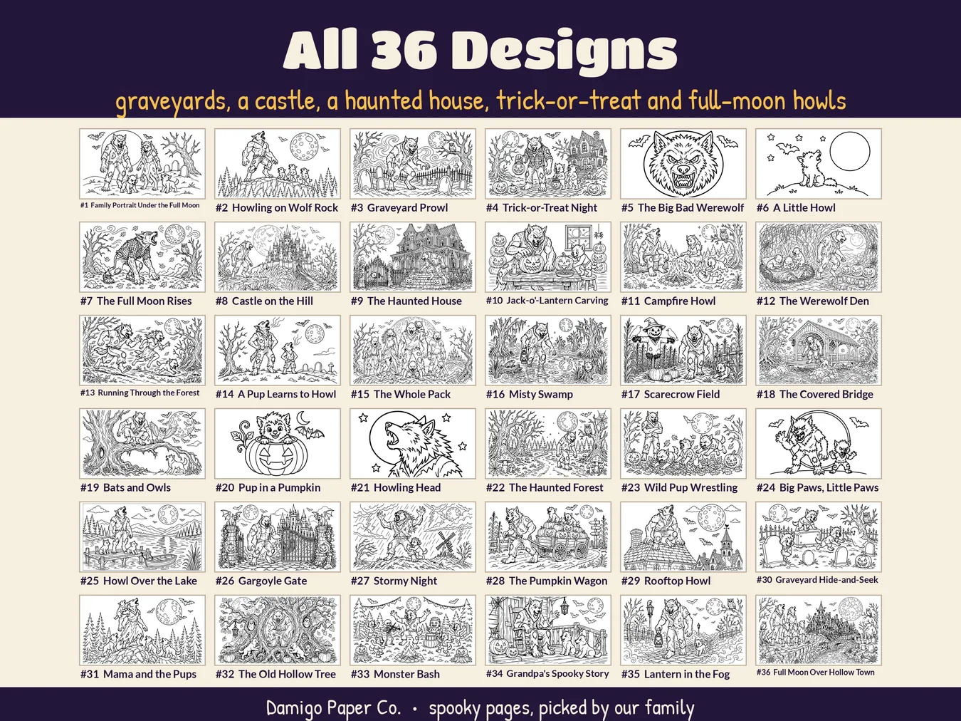 All 36 spooky werewolf coloring designs as numbered thumbnails