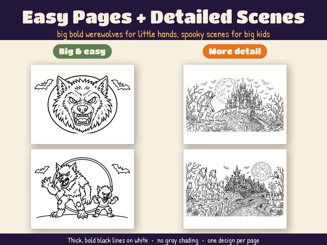 Two big and easy pages next to two detailed scenes
