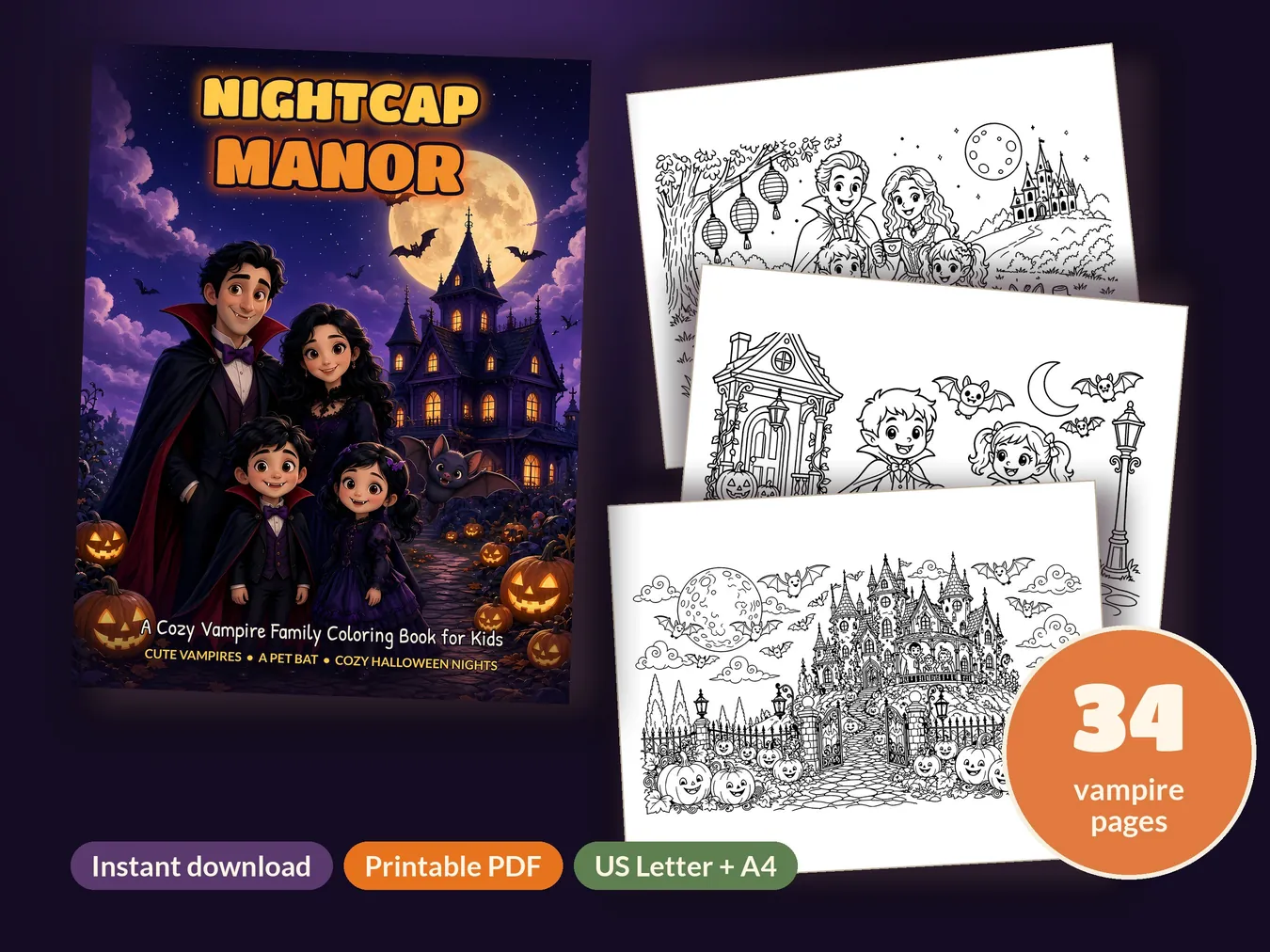 Nightcap Manor cover with three sample vampire coloring pages and a 34 pages badge