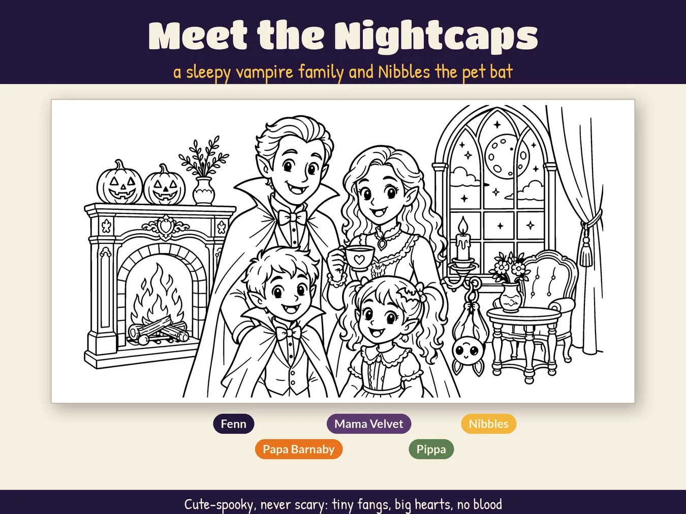 Meet the Nightcaps: Fenn, Papa Barnaby, Mama Velvet, Pippa and Nibbles the pet bat