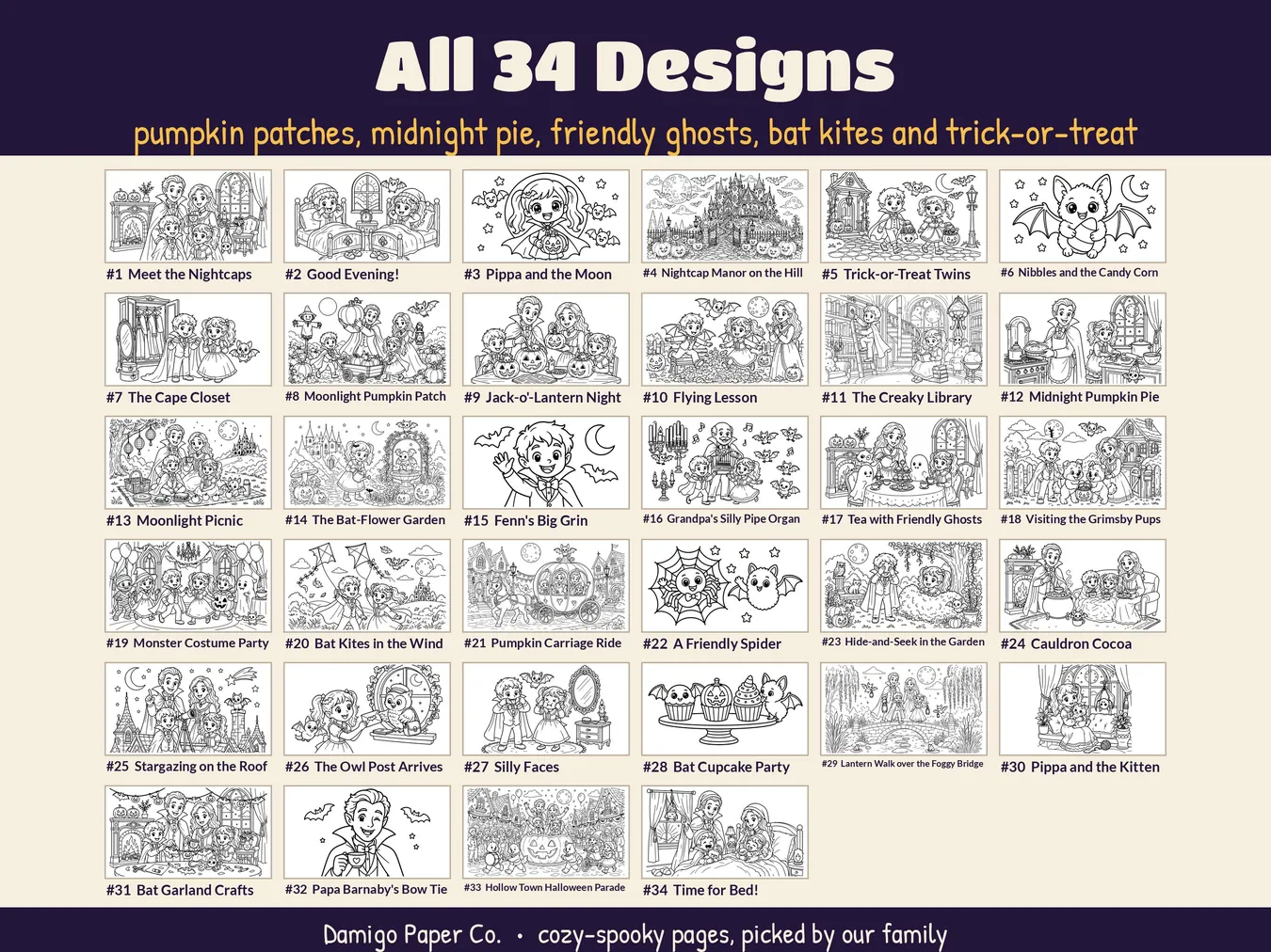 All 34 cute vampire coloring designs as numbered thumbnails