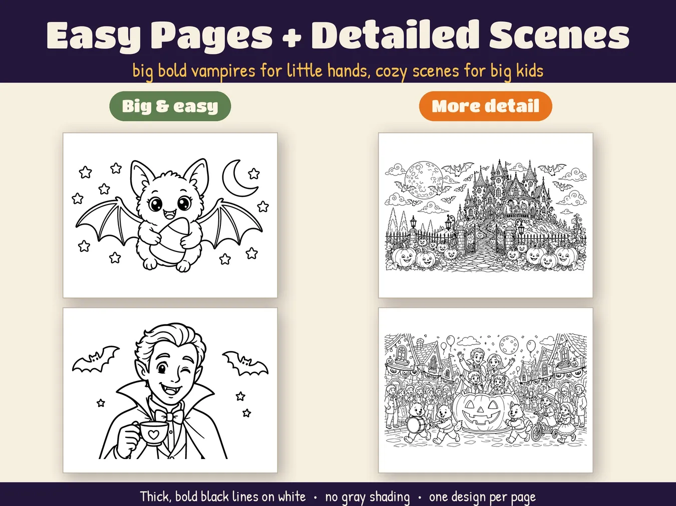 Two big and easy pages next to two detailed scenes