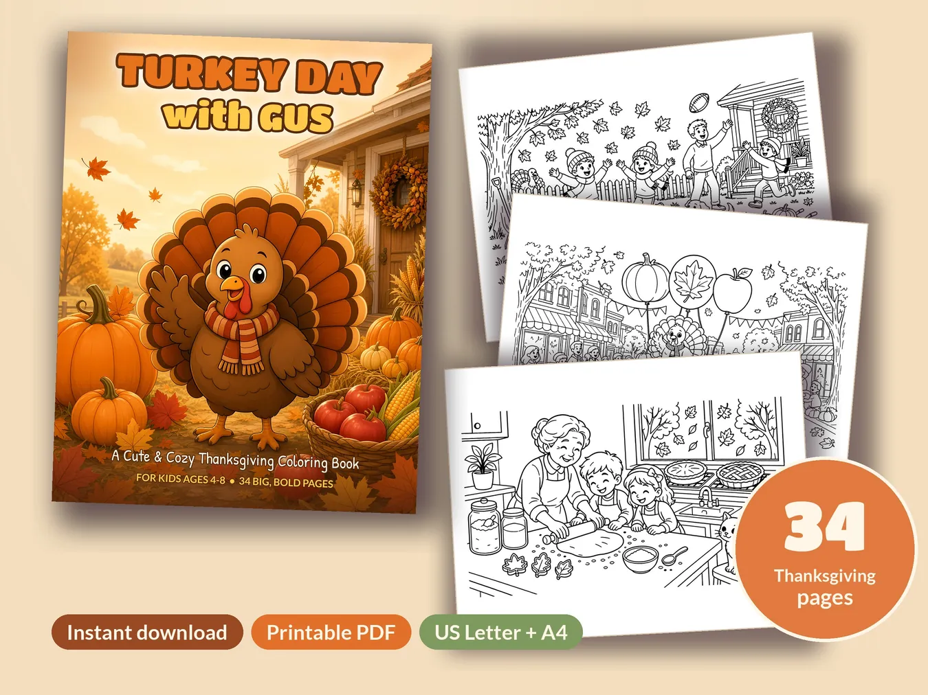 Turkey Day with Gus cover with three sample Thanksgiving coloring pages and a 34 pages badge