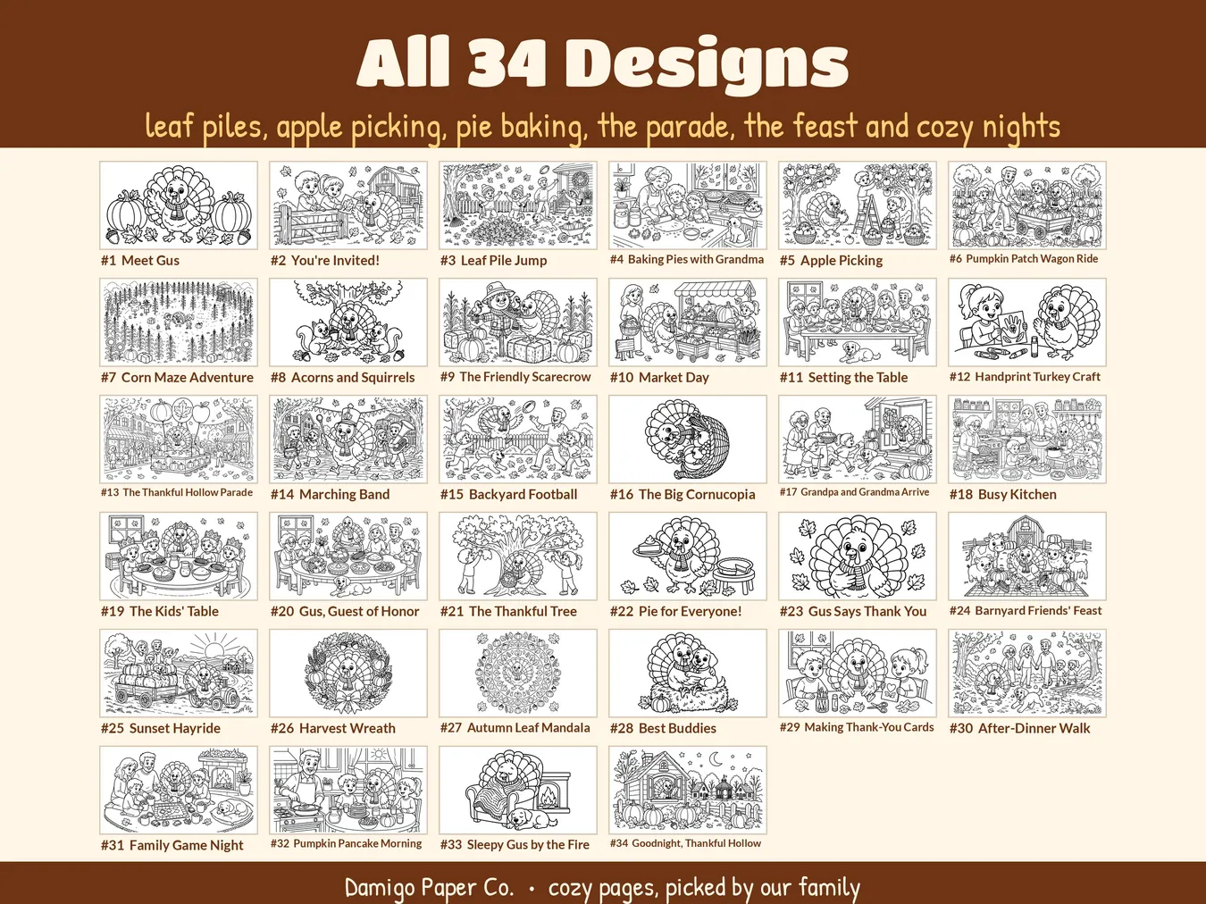 All 34 cute Thanksgiving coloring designs as numbered thumbnails