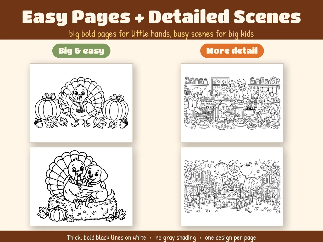 Two big and easy pages next to two detailed scenes
